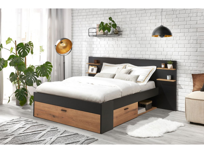 Lit avec rangements DORMIO 140x190 cm chêne et noir