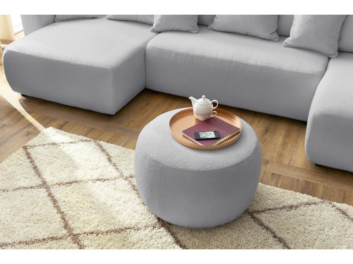 Canapé panoramique convertible coffre ENVY tissu bouclette avec pouf rond