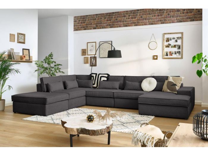 Canapé panoramique fixe modulable SARAH tissu avec 3 chauffeuses, 1 méridienne, 1 angle et 1 pouf