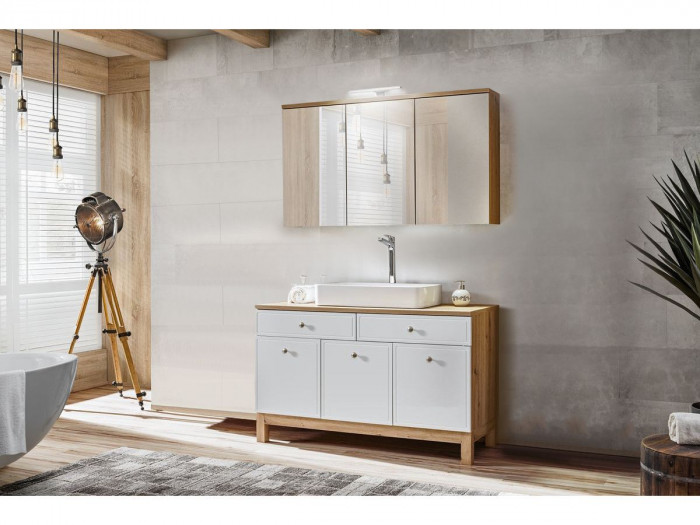 Meuble de salle de bain 120 cm JANA avec meuble pharmacie blanc et chêne