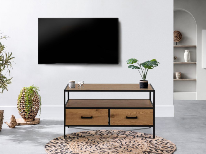 Meuble TV 90 cm RAVEN imitation chêne et métal noir