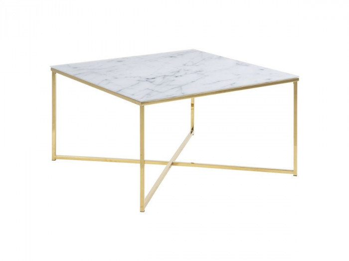 Table basse carrée DANIEL effet marbre blanc et pieds or
