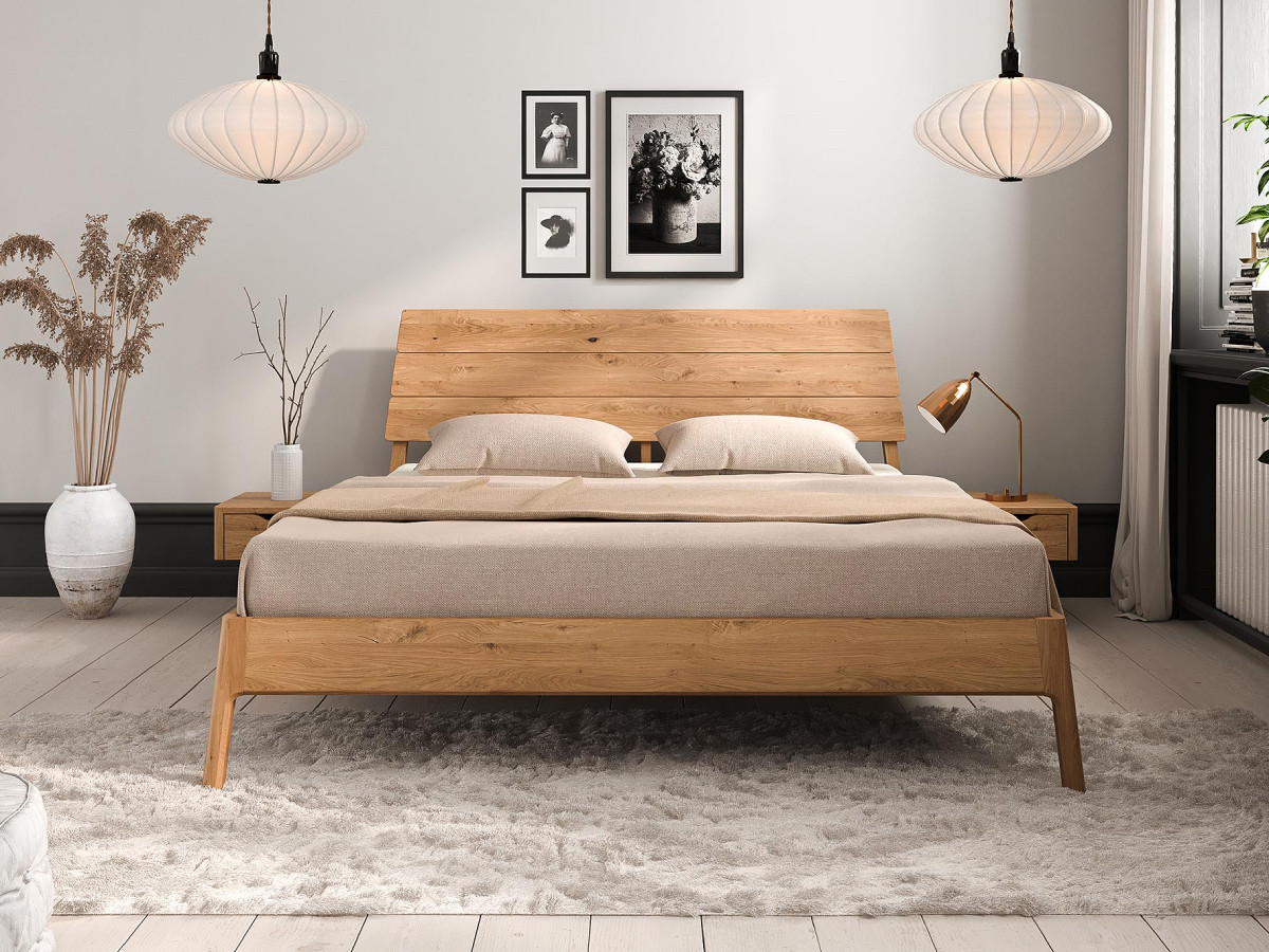 Lit SOLENE avec tête de lit en bois massif et chevets intégrés