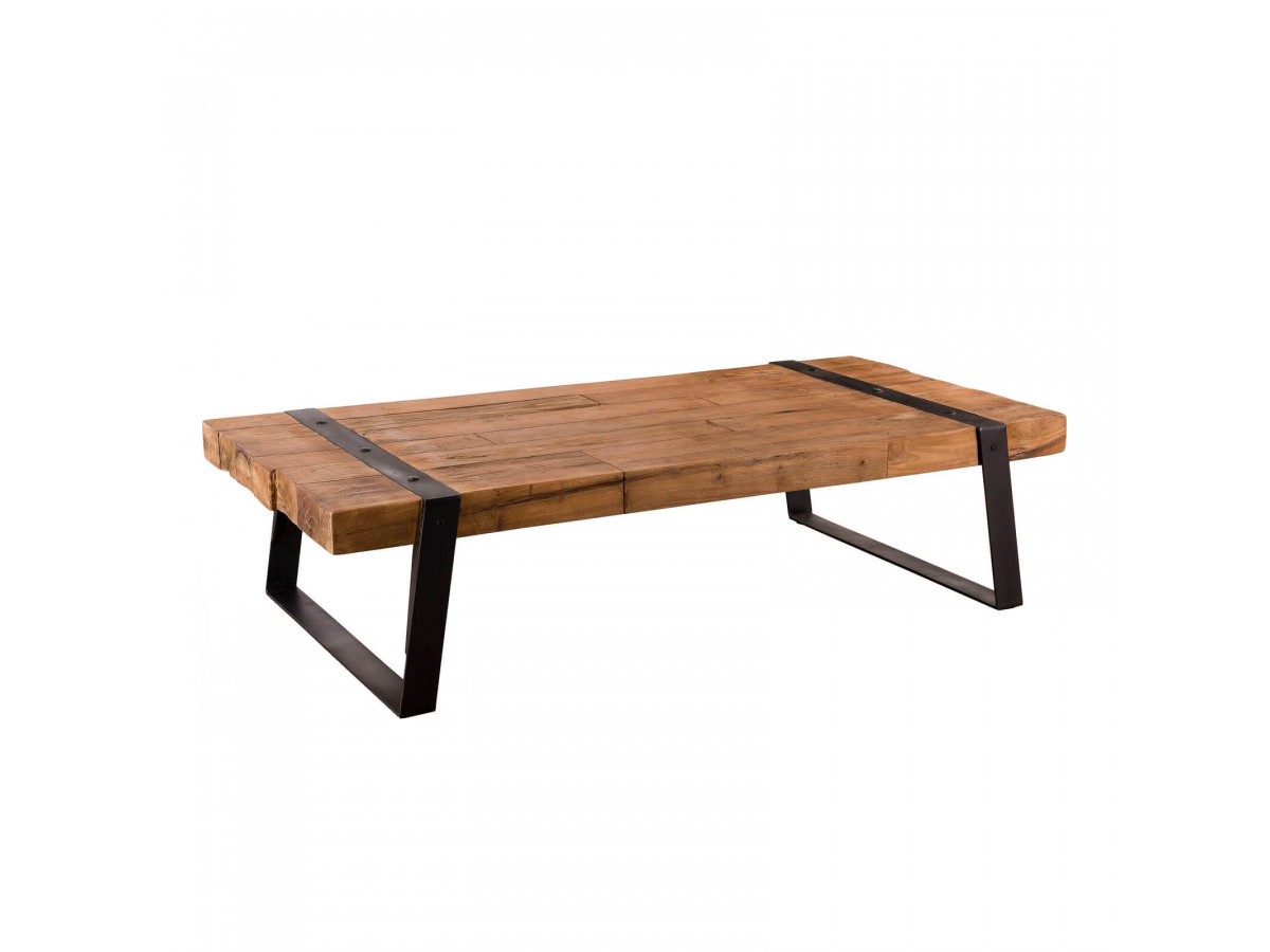 Table basse rectangulaire 140x70cm bois Teck recycle et pieds inclines metal YOGYA
