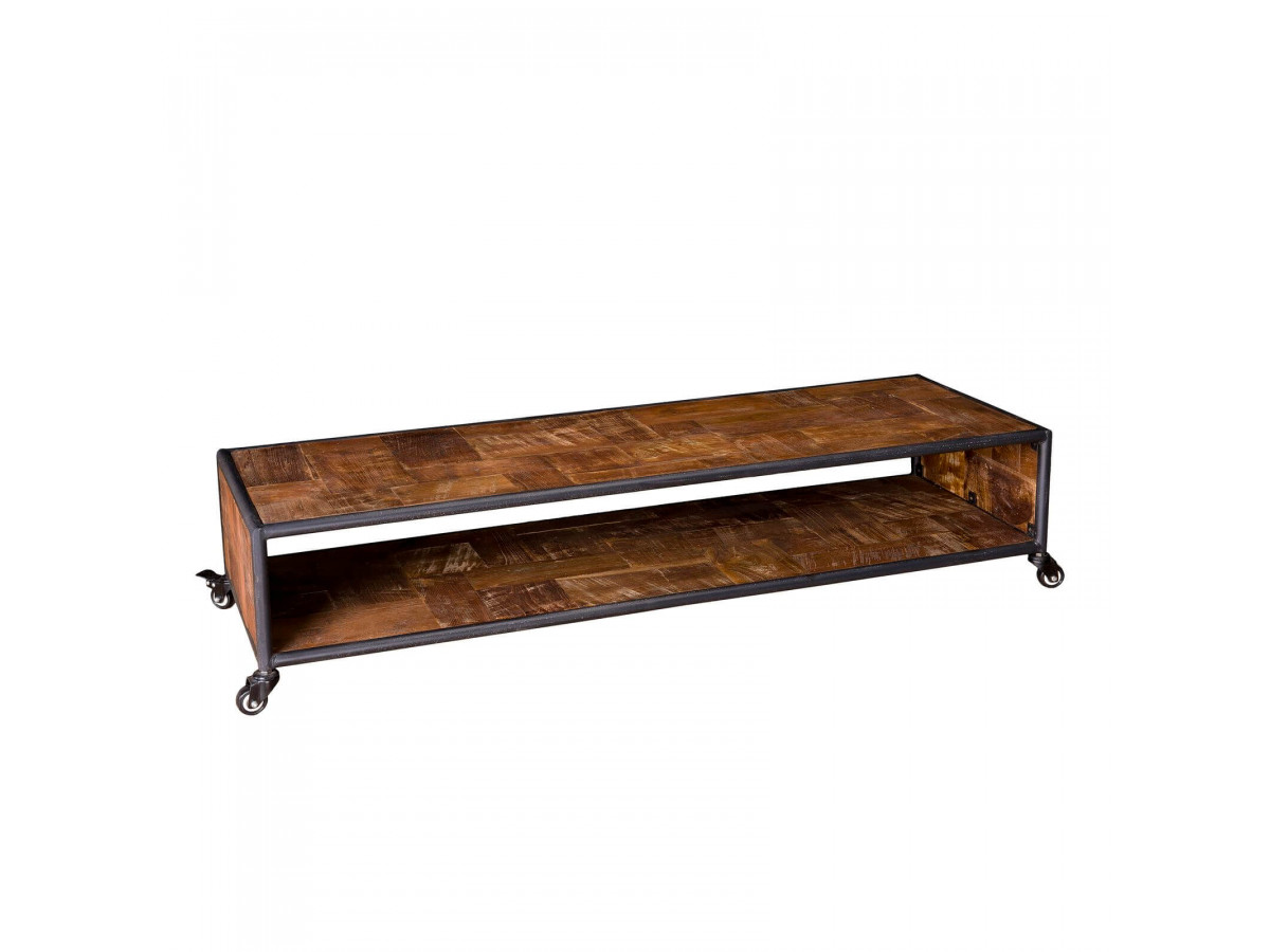 Table basse rectangulaire a roulettes 1 etagere bois Teck recycle et metal YOGYA