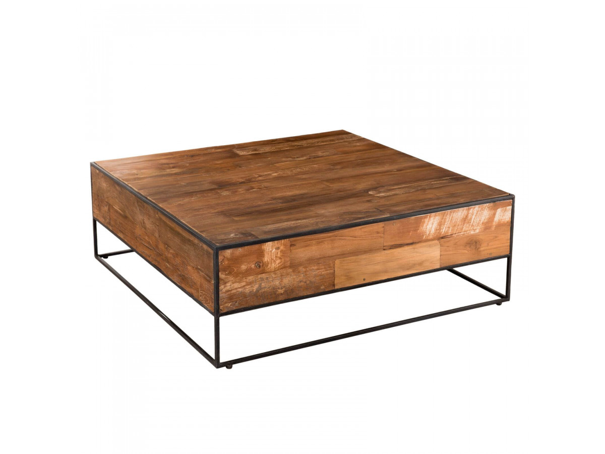 Table basse carree 100x100cm bois Teck recycle et metal YOGYA