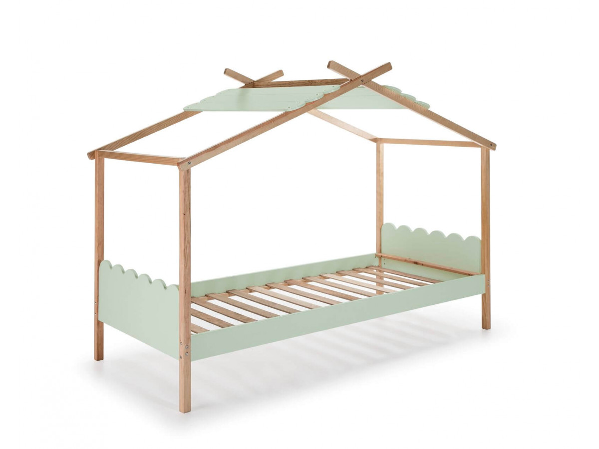 Lit cabane 90x200 cm IDALIA Bois clair et Vert