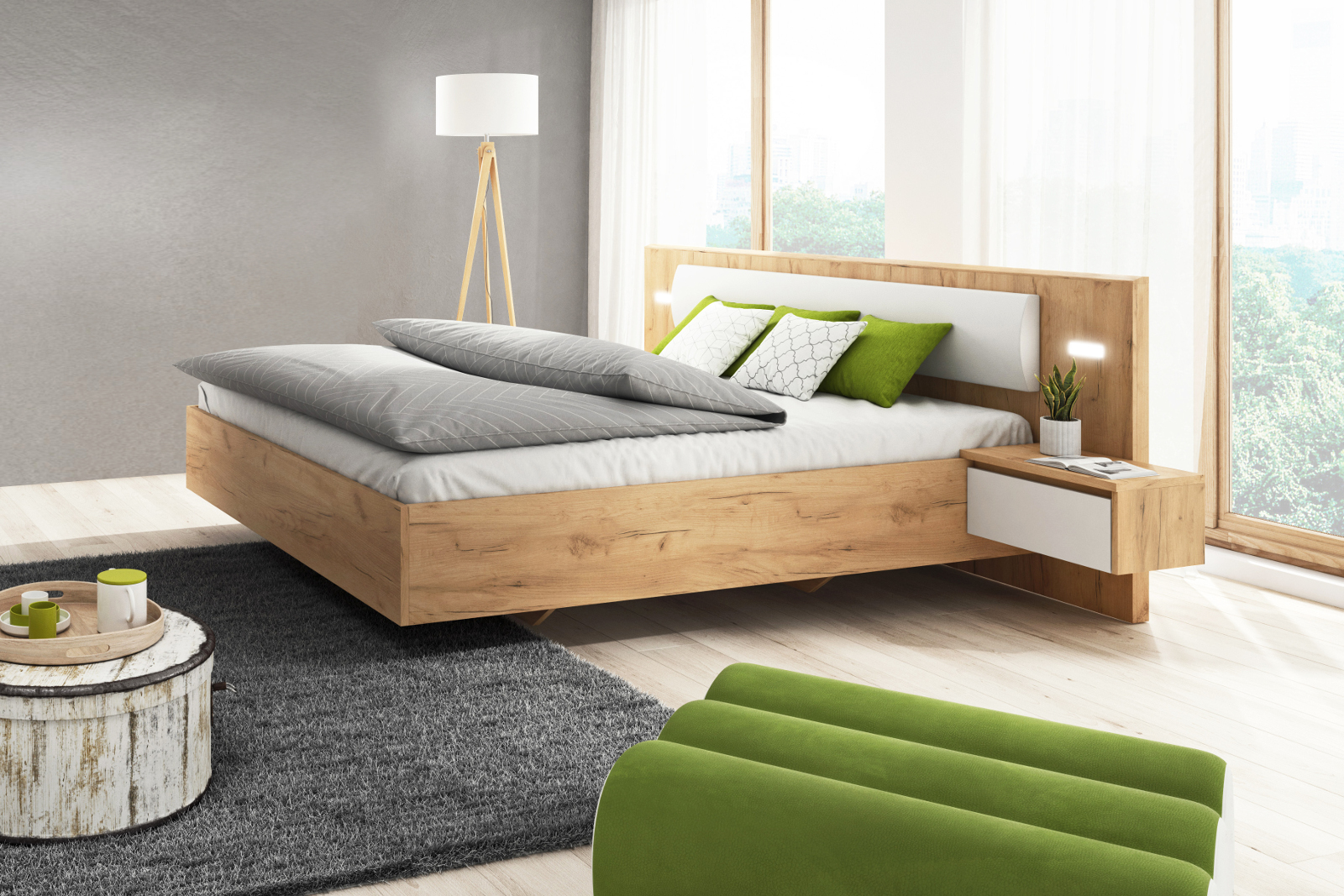 Lit 160x200 cm avec chevets suspendus XELYO Blanc et Chêne | BOBOCHIC