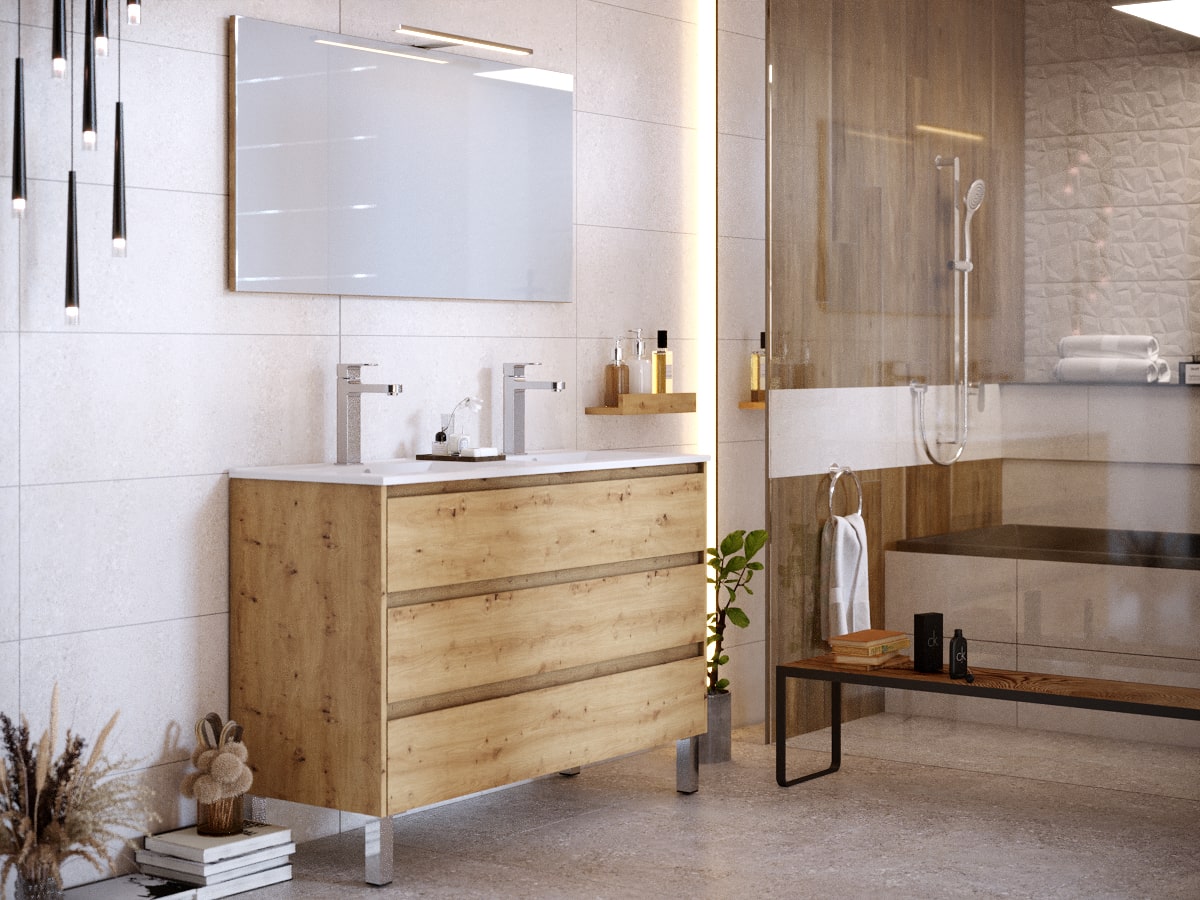 Meuble de salle de bain 120 cm avec pieds BAYO chêne clair | BOBOCHIC ®